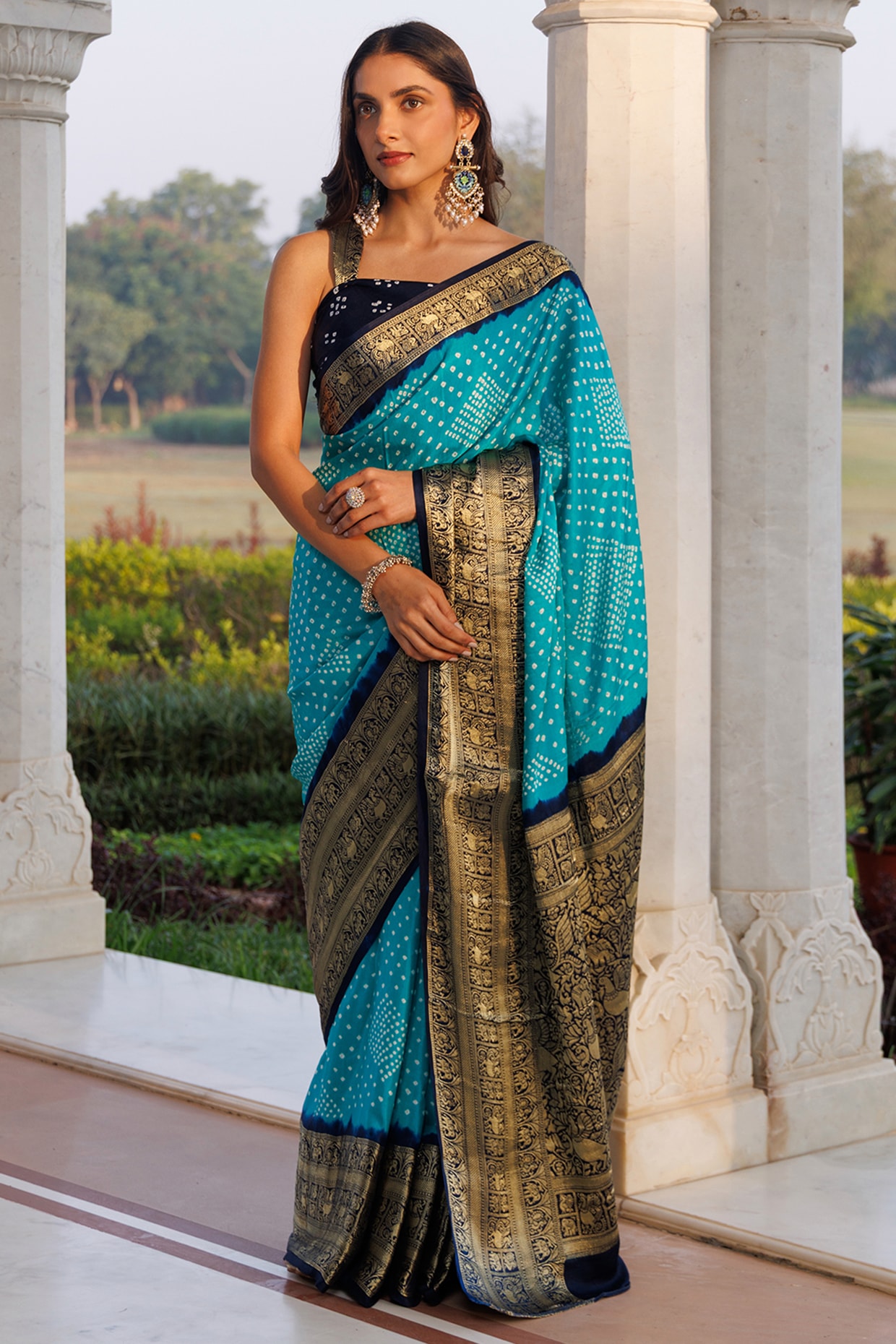 Geroo Jaipur Turquoise Blue Gajji Silk Zari Work Saree Set