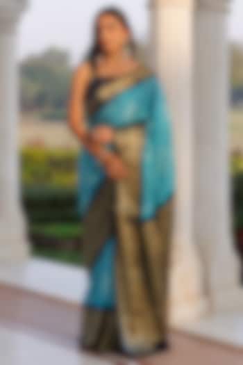 Turquoise Blue Gajji Silk Zari Work Wedding Saree Set by Geroo Jaipur at Pernia's Pop Up Shop