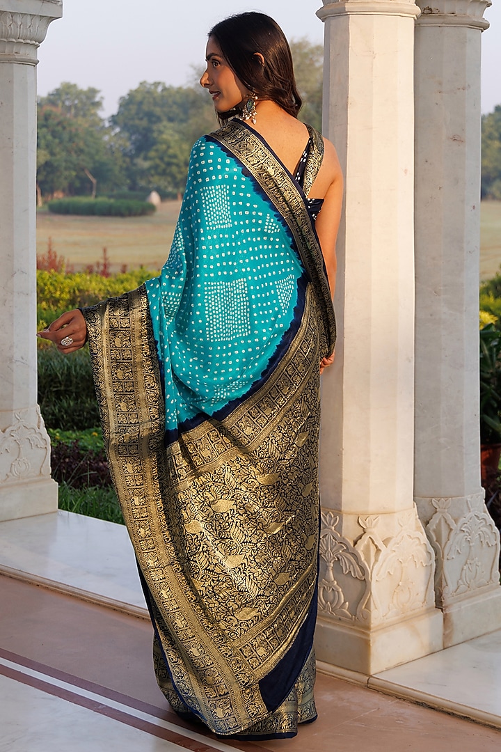 Turquoise Blue Gajji Silk Zari Work Wedding Saree Set by Geroo Jaipur at Pernia's Pop Up Shop