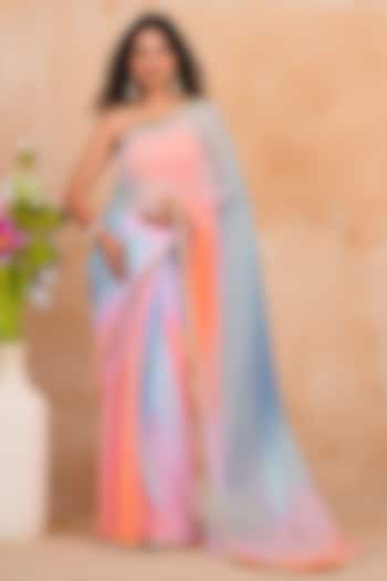 Blue & Pink Chiffon Sequin Embellished Party Wear Saree Set by Geroo Jaipur at Pernia's Pop Up Shop