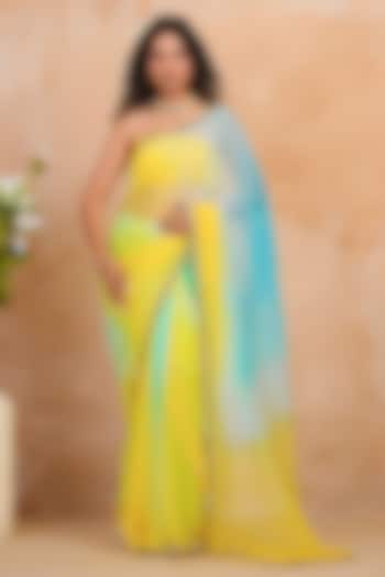 Blue & Yellow Chiffon Sequin Embellished Party Wear Saree Set by Geroo Jaipur at Pernia's Pop Up Shop