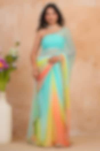 Turquoise & Peach Chiffon Sequin Embellished Party Wear Saree Set by Geroo Jaipur at Pernia's Pop Up Shop