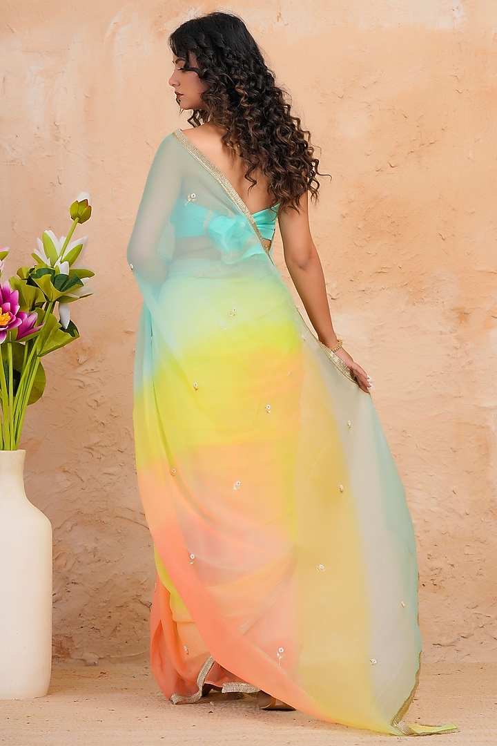 Turquoise & Peach Chiffon Sequin Embellished Party Wear Saree Set by Geroo Jaipur at Pernia's Pop Up Shop