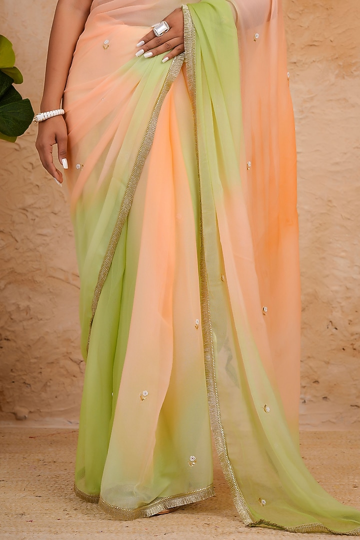 Green & Peach Chiffon Sequin Embellished Party Wear Saree Set by Geroo Jaipur at Pernia's Pop Up Shop