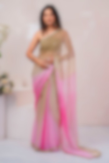 Beige & Pink Chiffon Sequin Embellished Party Wear Saree Set by Geroo Jaipur at Pernia's Pop Up Shop