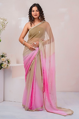 Beige & Pink Chiffon Sequin Embellished Saree Set by Geroo Jaipur