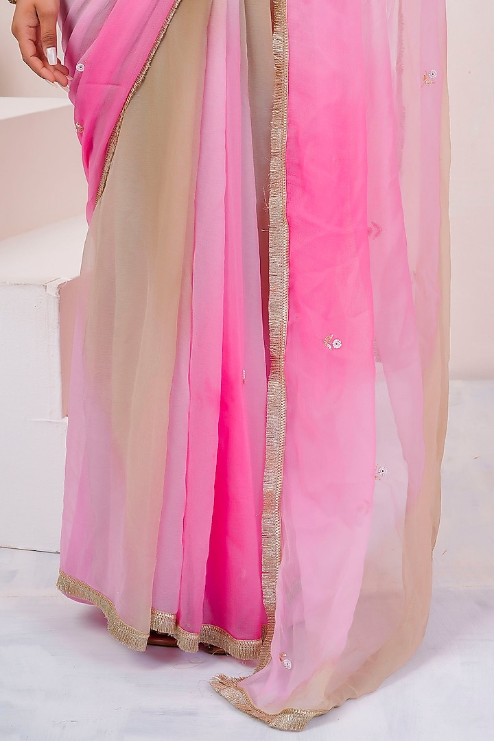 Beige & Pink Chiffon Sequin Embellished Party Wear Saree Set by Geroo Jaipur at Pernia's Pop Up Shop