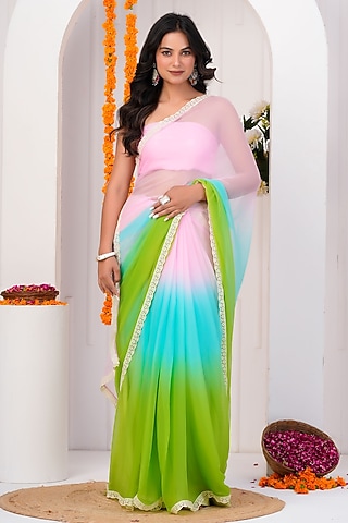 Multi-Colored Chiffon Embellished Saree Set by Geroo Jaipur