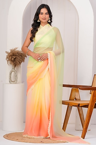 Multi-Colored Chiffon Embellished Saree Set by Geroo Jaipur
