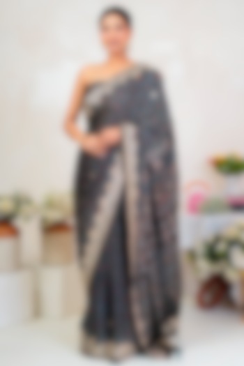 Black Modal Silk Ajrakh Handblock Printed Wedding Saree Set by Geroo Jaipur at Pernia's Pop Up Shop