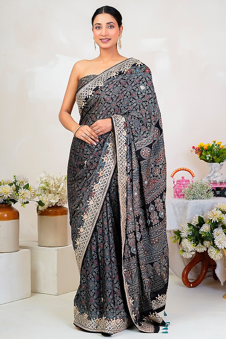 Black Modal Silk Ajrakh Handblock Printed Wedding Saree Set by Geroo Jaipur at Pernia's Pop Up Shop