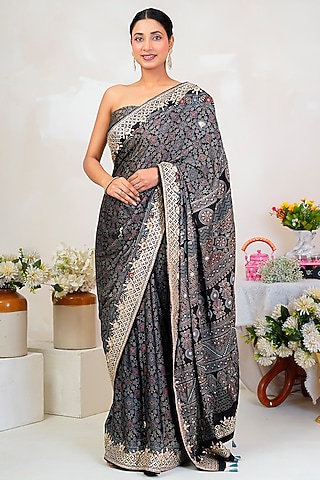 Black Modal Silk Ajrakh Handblock Printed Saree Set by Geroo Jaipur