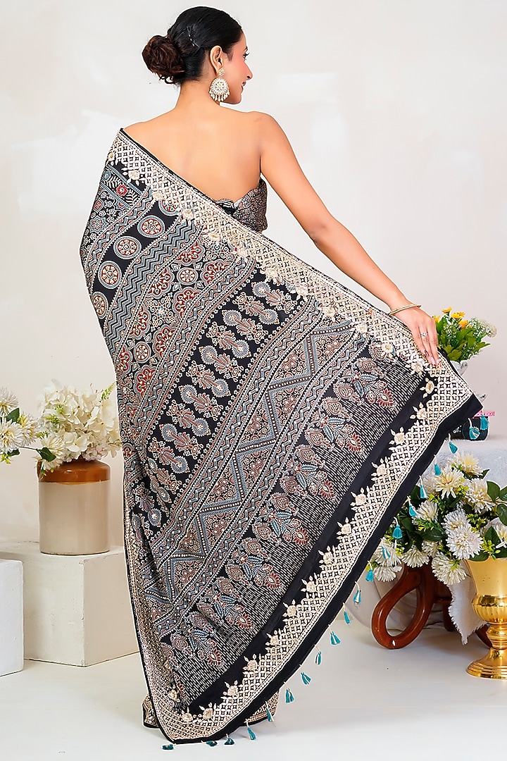 Black Modal Silk Ajrakh Handblock Printed Wedding Saree Set by Geroo Jaipur at Pernia's Pop Up Shop