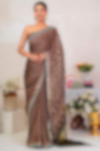 Brown Modal Silk Ajrakh Handblock Printed Wedding Saree Set by Geroo Jaipur at Pernia's Pop Up Shop
