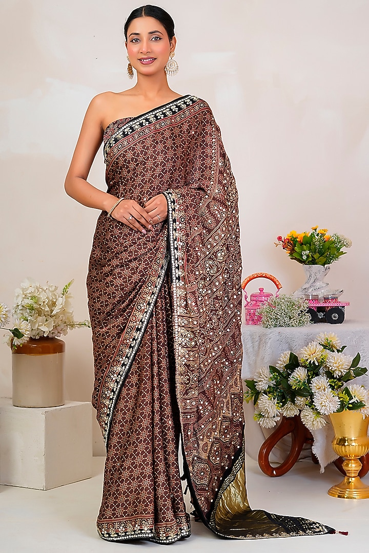 Brown Modal Silk Ajrakh Handblock Printed Wedding Saree Set by Geroo Jaipur at Pernia's Pop Up Shop