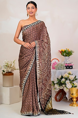 Brown Modal Silk Ajrakh Handblock Printed Saree Set by Geroo Jaipur