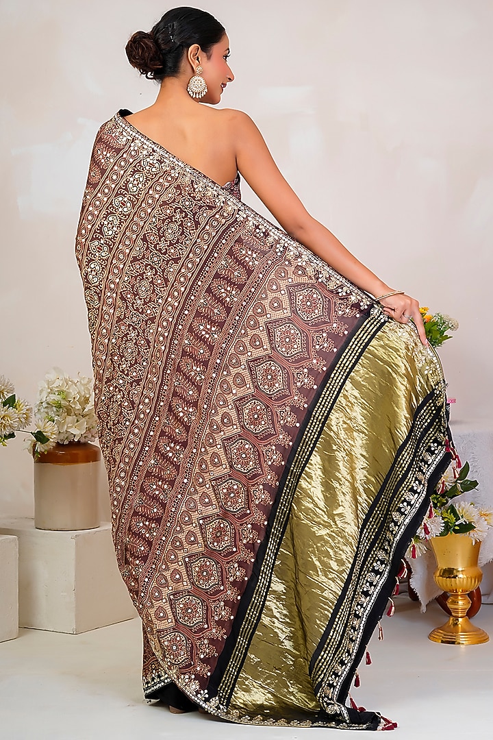 Brown Modal Silk Ajrakh Handblock Printed Wedding Saree Set by Geroo Jaipur at Pernia's Pop Up Shop
