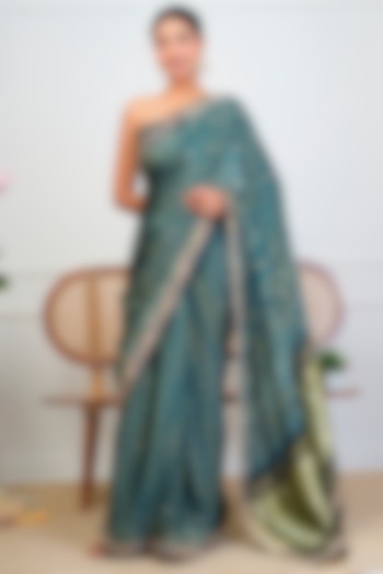 Indigo Blue Modal Silk Ajrakh Handblock Printed Wedding Saree Set by Geroo Jaipur at Pernia's Pop Up Shop