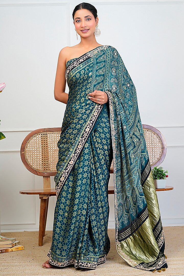 Indigo Blue Modal Silk Ajrakh Handblock Printed Wedding Saree Set by Geroo Jaipur at Pernia's Pop Up Shop