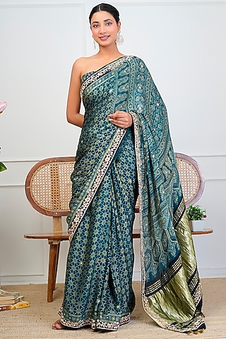 Indigo Blue Modal Silk Ajrakh Handblock Printed Saree Set by Geroo Jaipur