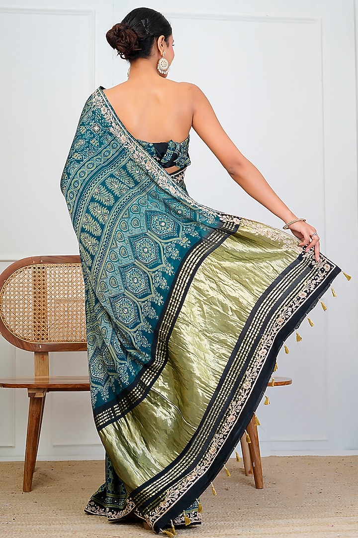 Indigo Blue Modal Silk Ajrakh Handblock Printed Wedding Saree Set by Geroo Jaipur at Pernia's Pop Up Shop