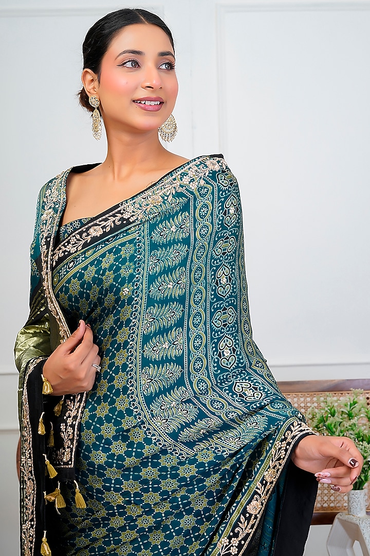Indigo Blue Modal Silk Ajrakh Handblock Printed Wedding Saree Set by Geroo Jaipur at Pernia's Pop Up Shop
