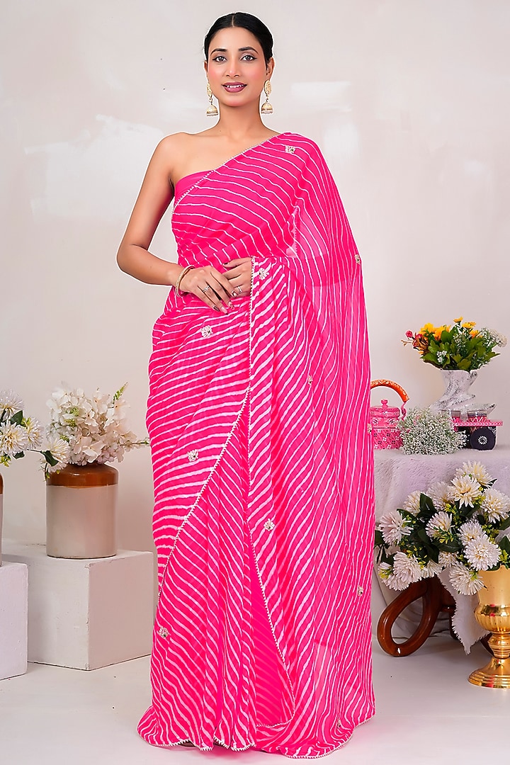 Pink Pure Georgette Leheriya Party Wear Saree set by Geroo Jaipur at Pernia's Pop Up Shop