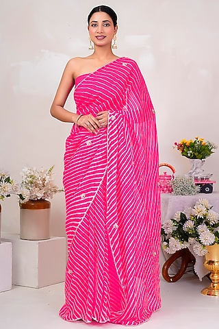 Pink Pure Georgette Leheriya Saree set by Geroo Jaipur