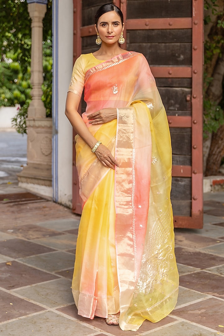 Yellow & Orange Kota Silk Gota Patti Work Saree Set by Geroo Jaipur