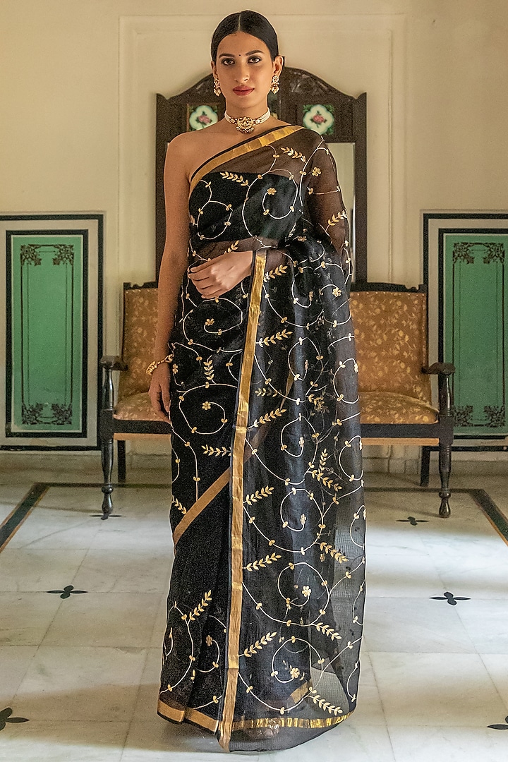Black Pure Kota Silk Gota Patti Embellished Saree Set by Geroo Jaipur