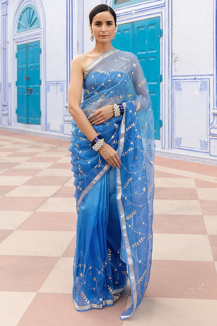 Blue Pure Kota Silk Gota Patti Embellished Saree Set by Geroo Jaipur