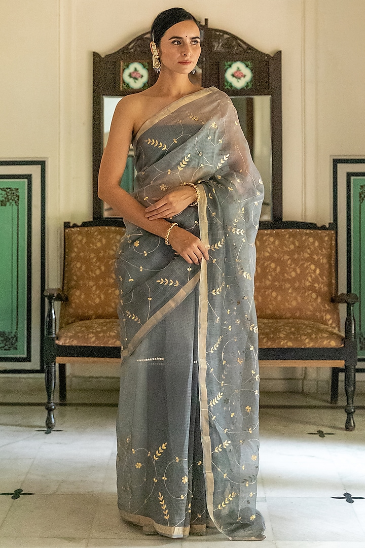 Grey Pure Kota Silk Embellished Saree Set by Geroo Jaipur