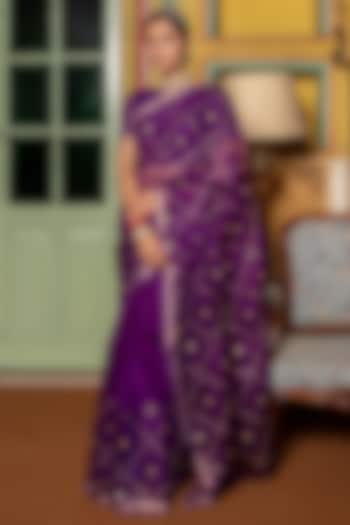 Purple Pure Kota Silk Motif Embellished Saree Set by Geroo Jaipur