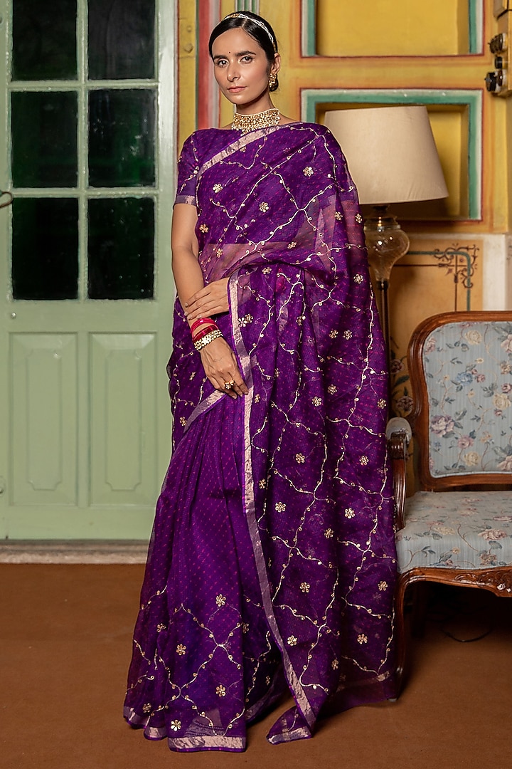 Purple Pure Kota Silk Motif Embellished Saree Set by Geroo Jaipur