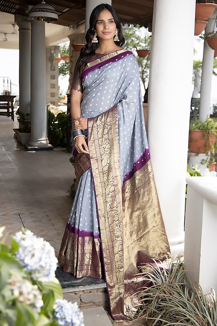 Grey Modal Silk Bandhani Printed & Embroidered Saree Set by Geroo Jaipur