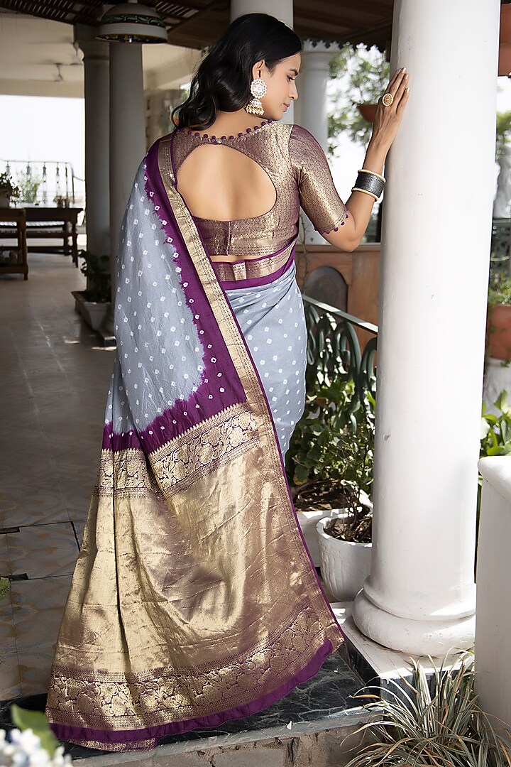 Grey Modal Silk Bandhani Printed & Embroidered Party Wear Saree Set by Geroo Jaipur at Pernia's Pop Up Shop