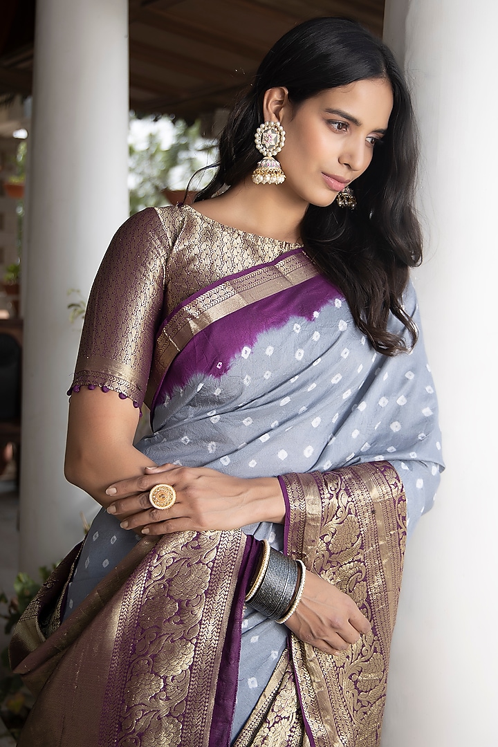 Grey Modal Silk Bandhani Printed & Embroidered Party Wear Saree Set by Geroo Jaipur at Pernia's Pop Up Shop