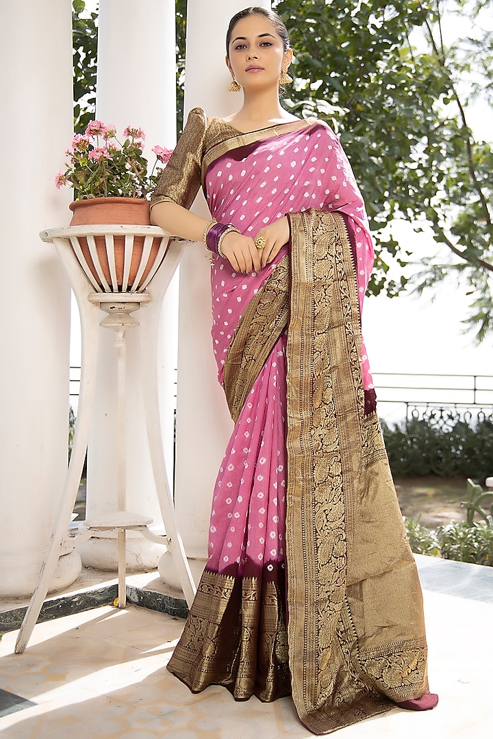 Pink Modal Silk Bandhani Printed & Embroidered Saree Set by Geroo Jaipur at Pernia's Pop Up Shop