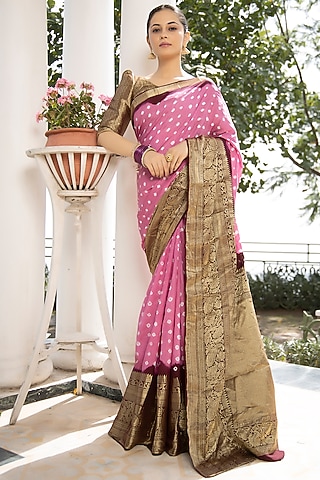 Pink Modal Silk Bandhani Printed & Embroidered Saree Set by Geroo Jaipur