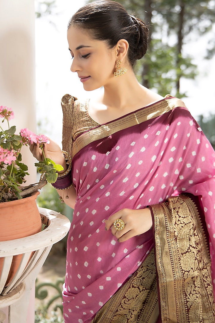 Pink Modal Silk Bandhani Printed & Embroidered Party Wear Saree Set by Geroo Jaipur at Pernia's Pop Up Shop