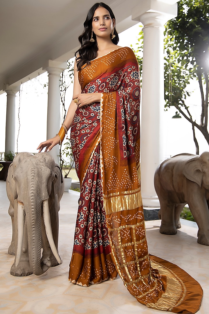 Maroon & Mustard Handcrafted Block Printed Modal Silk Saree Set by Geroo Jaipur