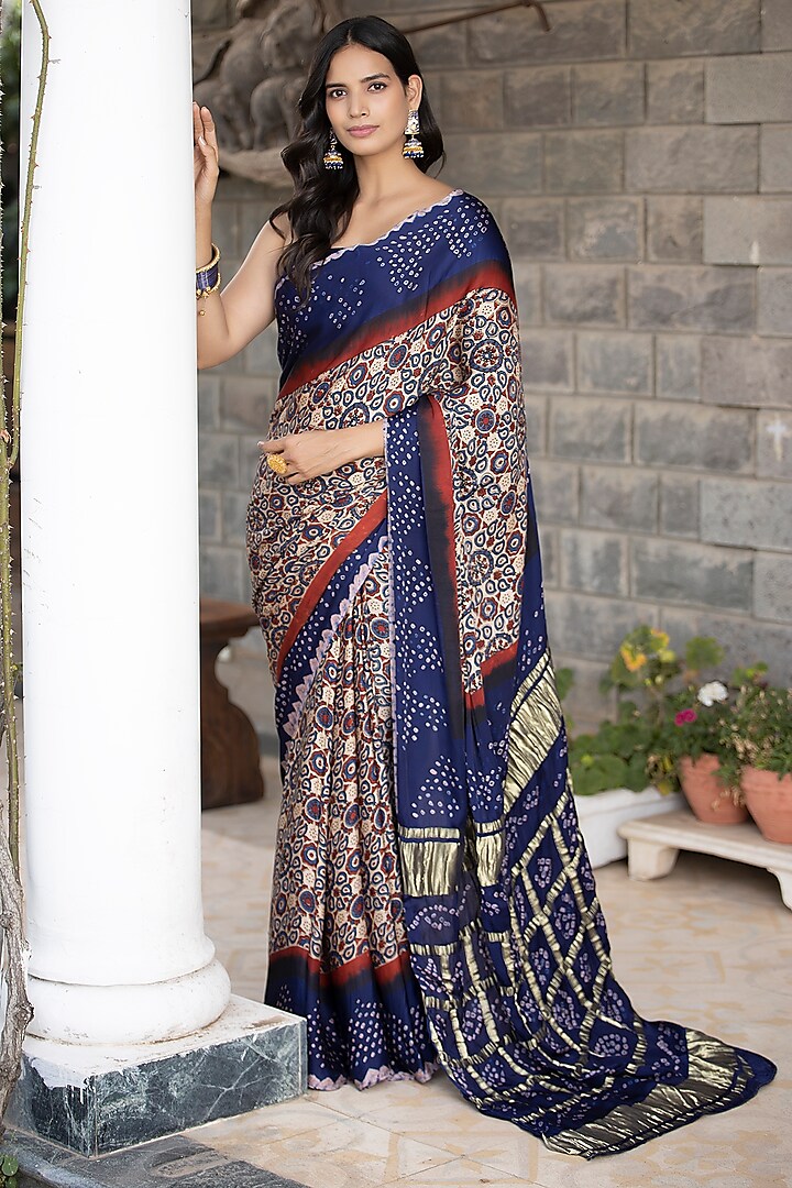 Blue & Red Hand crafted Modal Silk Ajrakh Bandhani Saree by Geroo Jaipur