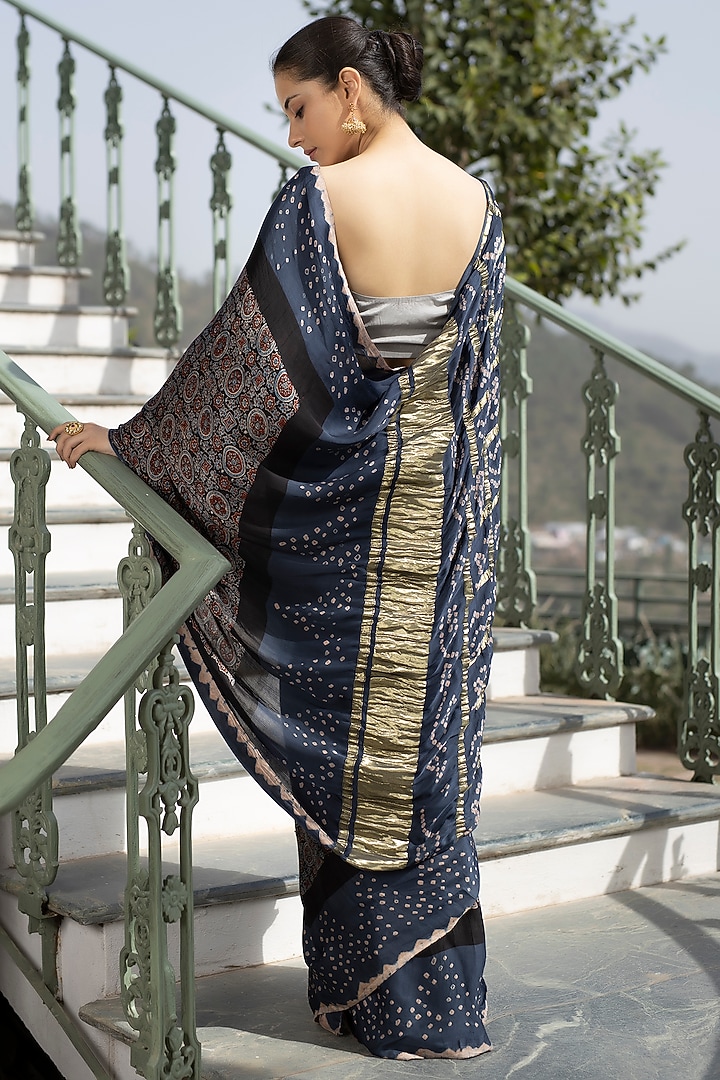 Blue & Black Hand crafted Modal Silk Ajrakh Bandhani Party Wear Saree Set by Geroo Jaipur at Pernia's Pop Up Shop