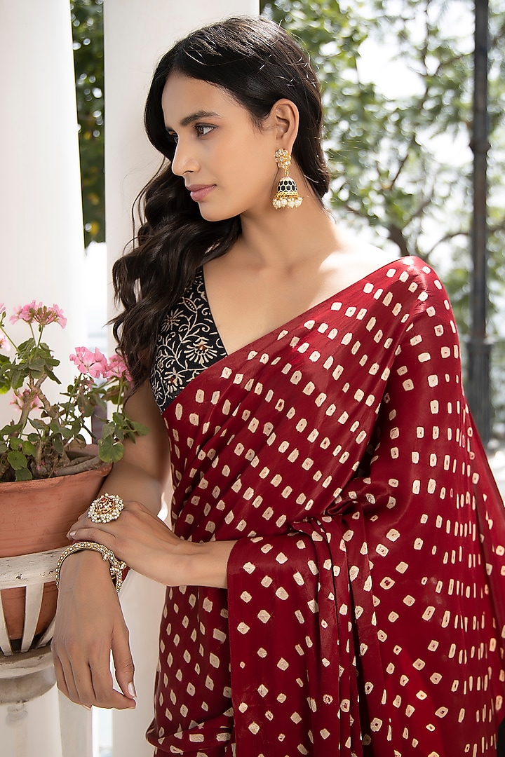 Red & Black Hand crafted Ajrakh Bandhani Printed Modal Silk Party Wear Saree Set by Geroo Jaipur at Pernia's Pop Up Shop