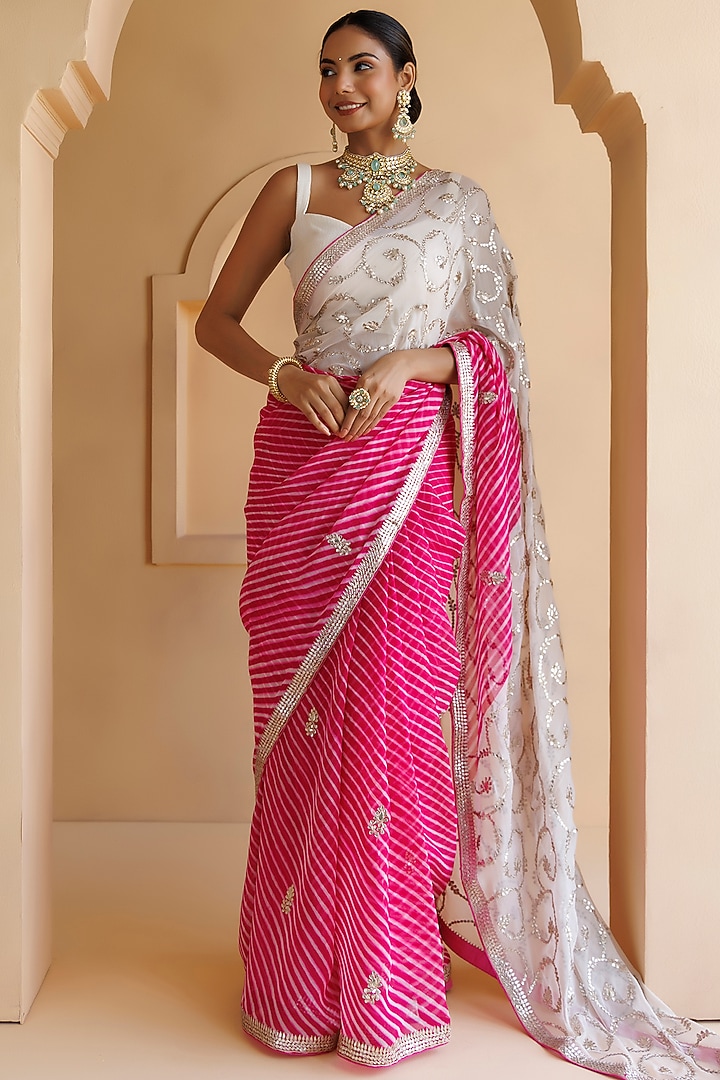 Pink Pure Georgette Hand Embroidered Leheriya Wedding Saree Set by Geroo Jaipur at Pernia's Pop Up Shop