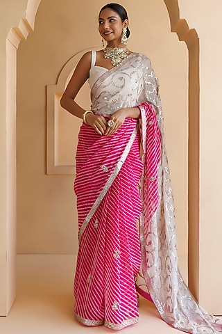 Pink Pure Georgette Hand Embroidered Leheriya Saree Set by Geroo Jaipur