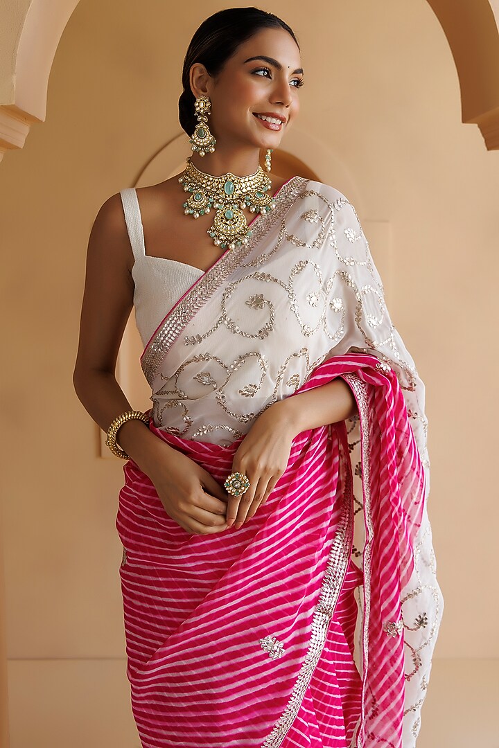 Pink Pure Georgette Hand Embroidered Leheriya Wedding Saree Set by Geroo Jaipur at Pernia's Pop Up Shop
