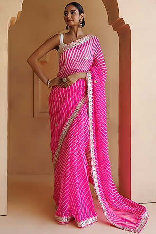 Pink Pure Georgette Gota Patti Hand Embroidered Leheriya Saree Set by Geroo Jaipur