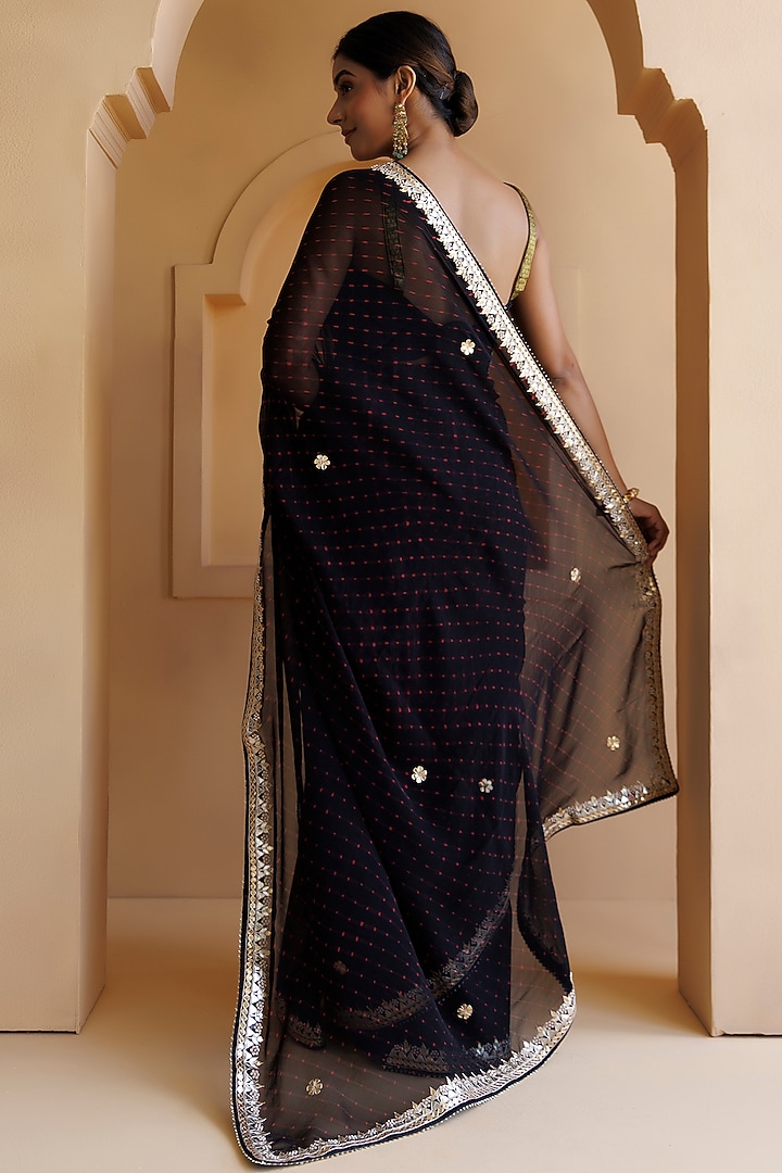 Black Pure Georgette Gota Patti Hand Embroidered Leheriya Wedding Saree Set by Geroo Jaipur at Pernia's Pop Up Shop