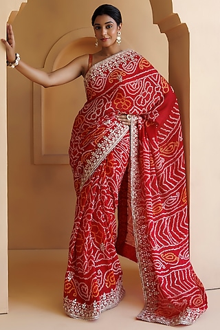 Red Pure Georgette Pearl & Gota Patti Hand Embroidered Bandhani Saree Set by Geroo Jaipur